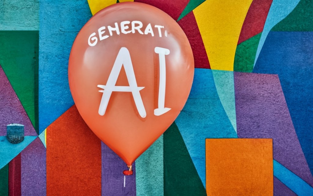 A big balloon that says 'Generative AI' with a needle threatening to pop it, vibrant, graffiti