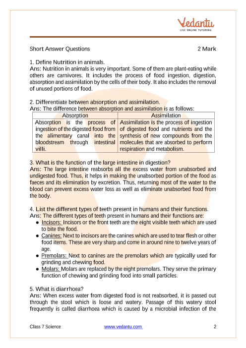 cbse class 7 science important questions on chapter 2 nutrition in animals