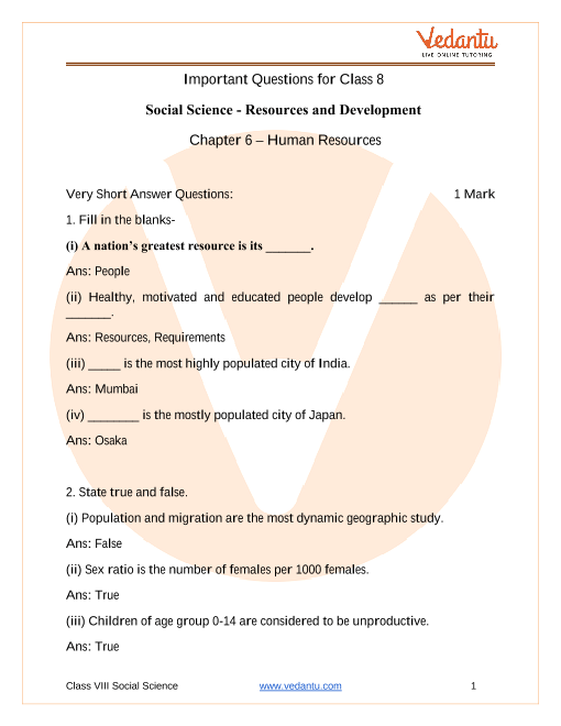 important questions for cbse class 8 social science resources and development chapter 6 human resources