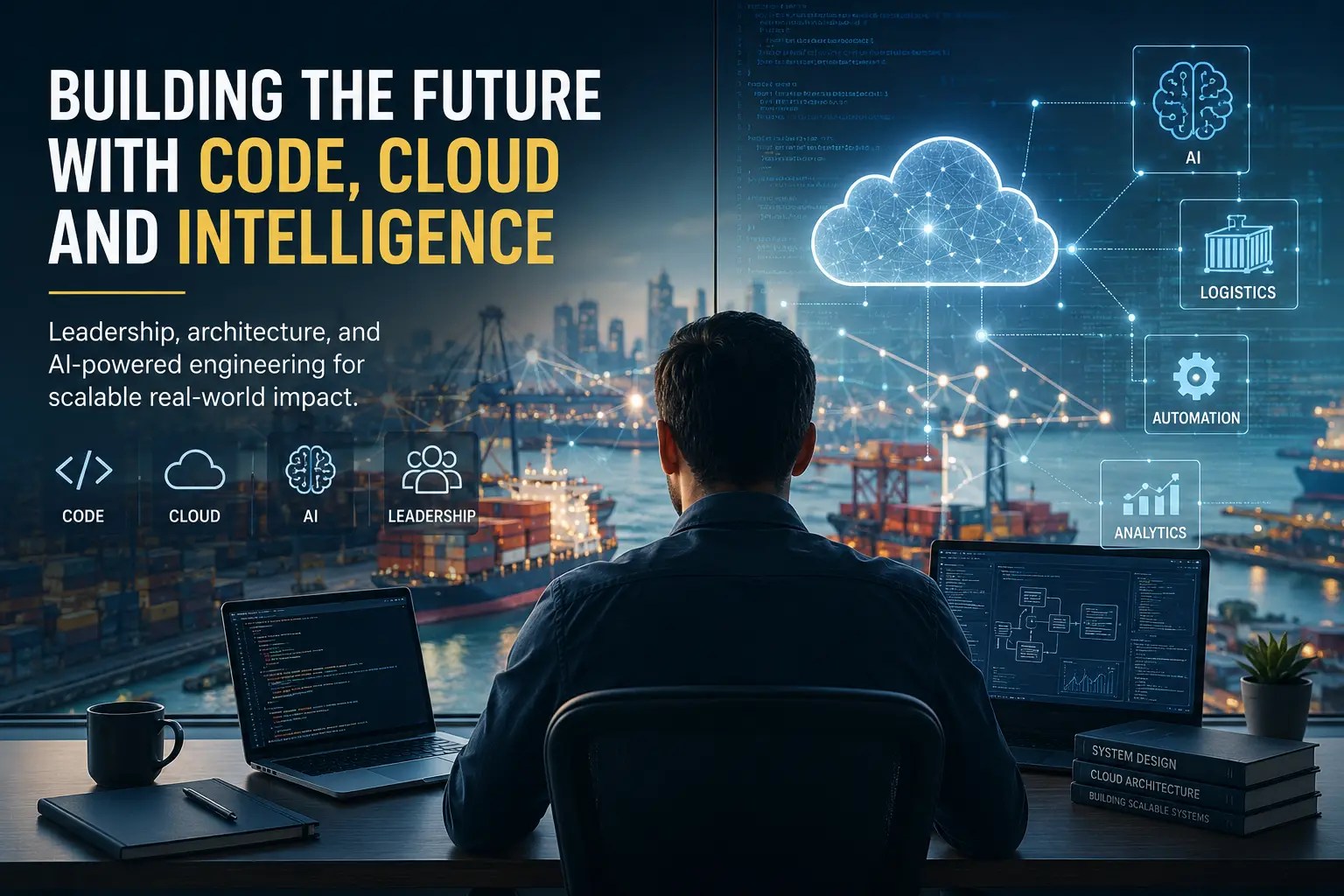 A futuristic software engineering workspace showing a senior engineer reviewing cloud architecture diagrams, APIs, and AI-assisted development workflows across multiple screens. The scene blends technical leadership, hands-on coding, distributed systems, and modern platform engineering concepts with a professional high-tech atmosphere.