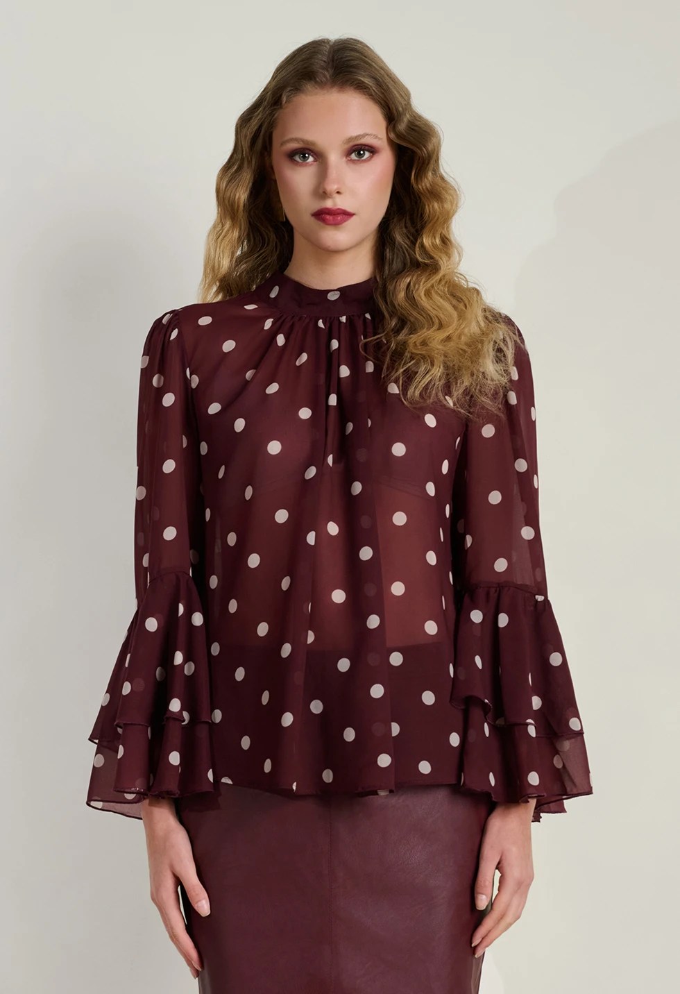  Πουά μπλούζα με βολάν - Μπορντό 2025