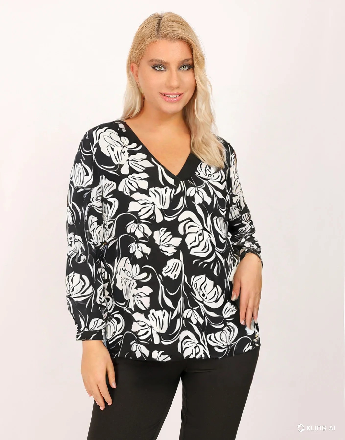  Μπλούζα εμπριμέ με γυριστά μανίκια - Ασπρόμαυρο 2025