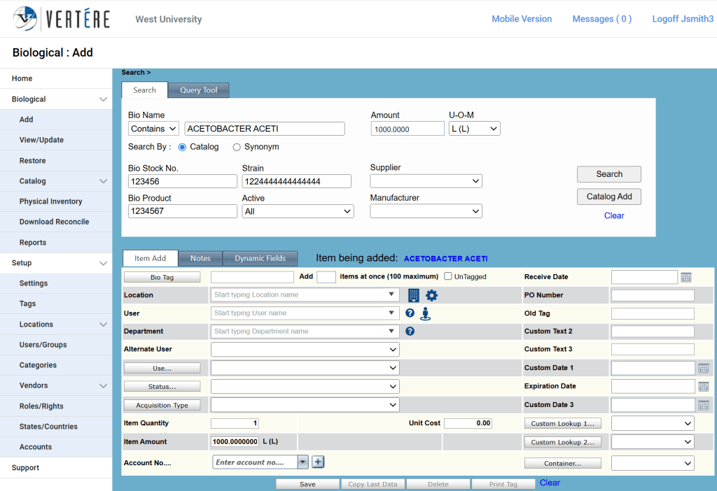 Biological Inventory Software Screenshot