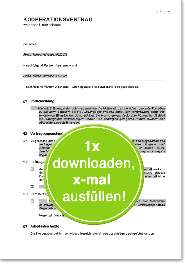 Die kooperationspartner können hiervon abweichende . Kooperationsvertrag