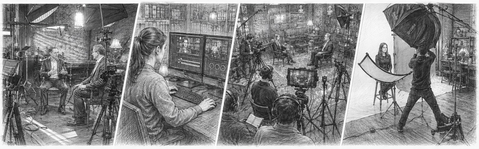 Black and white sketch collage showing commercial photo and video production workflow at Gatsby Stage NYC, including interview filming, video editing, multi-camera production and portrait photography.