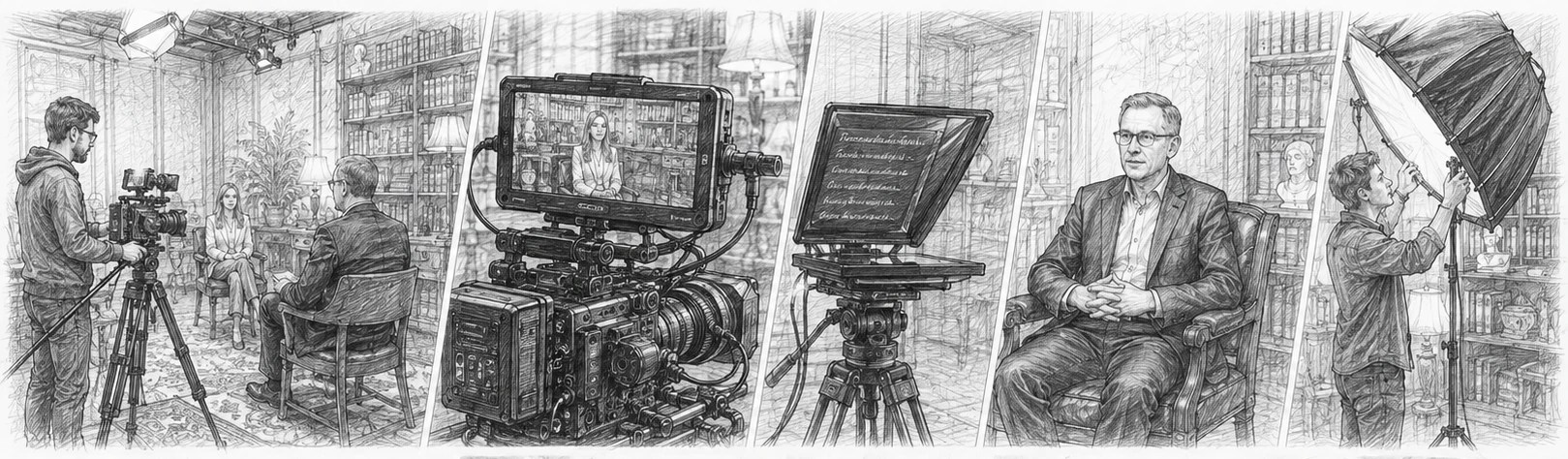 Black and white storyboard sketch illustrating professional interview video production at Gatsby Stage NYC with cinema camera, teleprompter, lighting setup, camera operator and studio crew.
