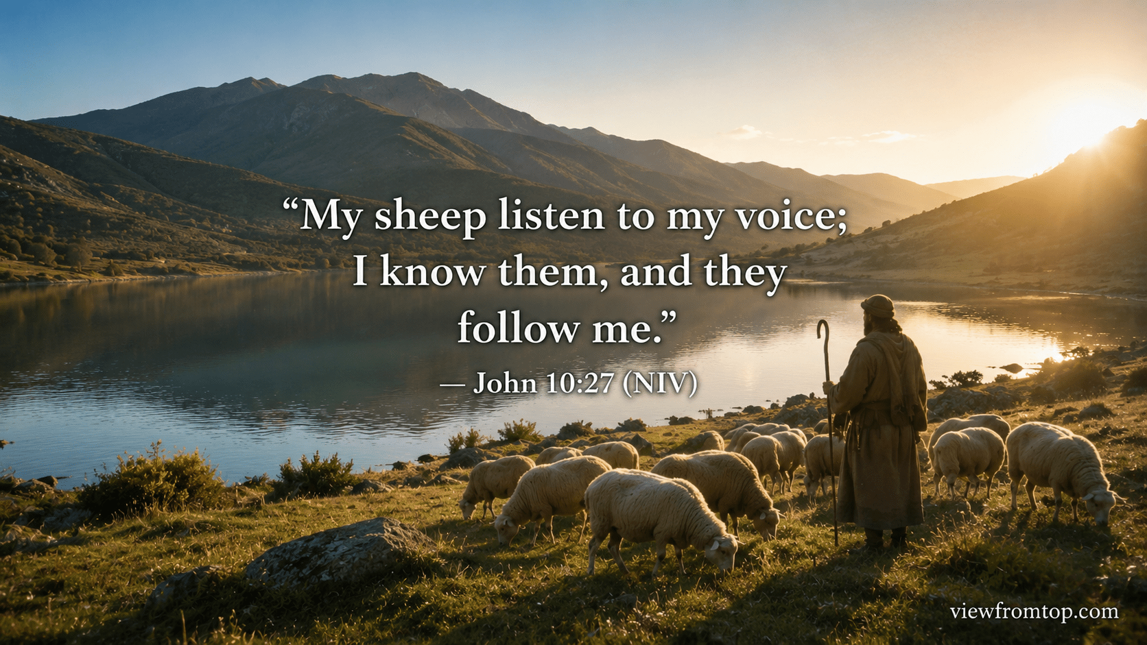 John 10:27 NIV Scripture verse over a peaceful mountain lake at sunrise with a shepherd watching sheep grazing along the shoreline.