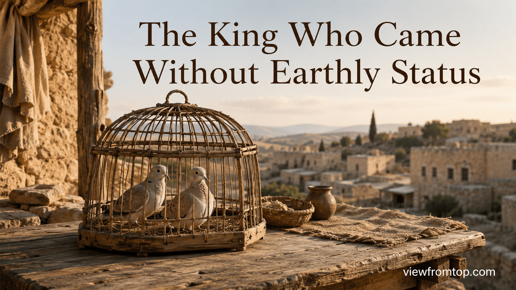 Two turtledoves in a humble biblical setting representing the King who came without earthly status
