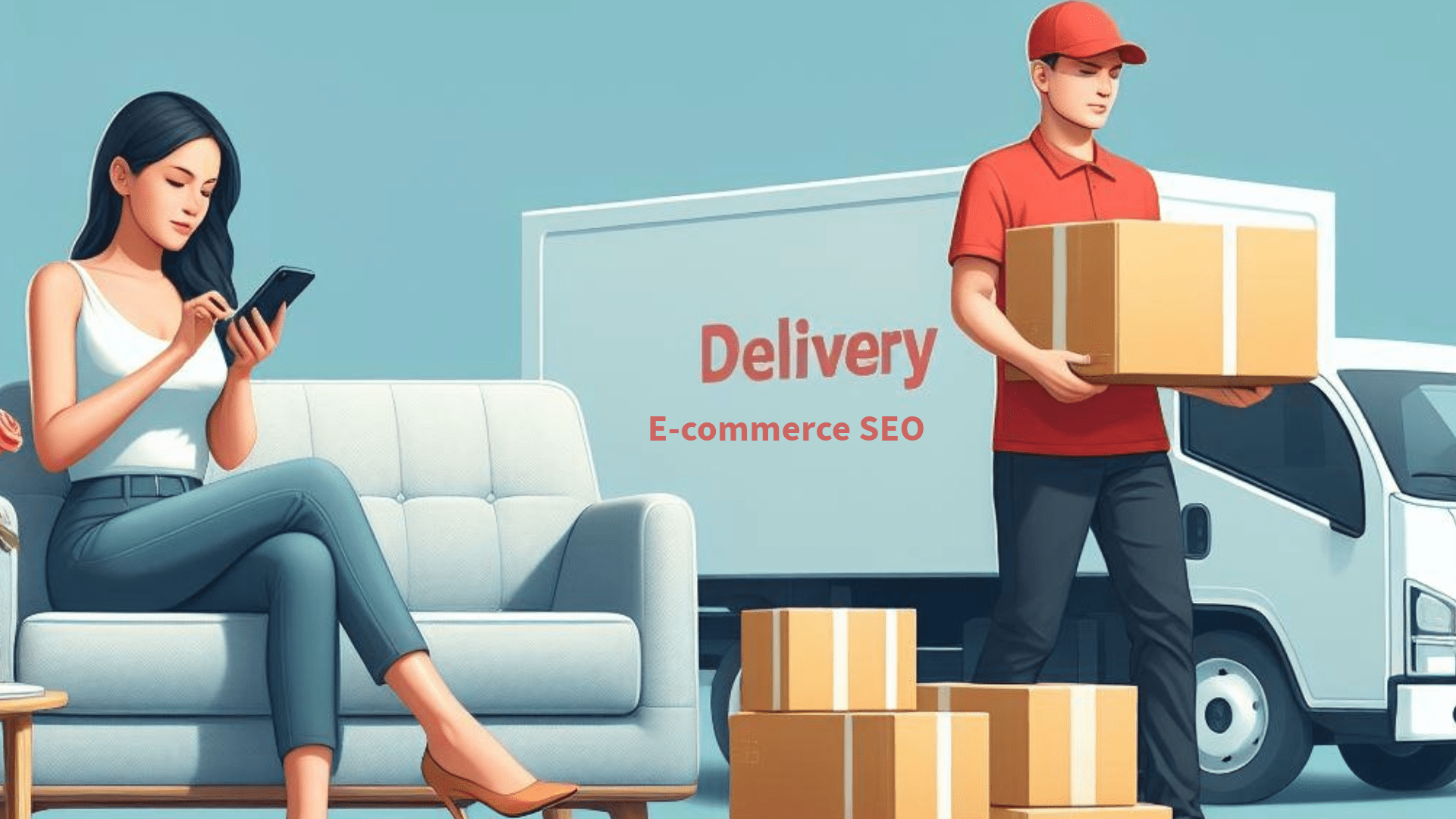 image of girl placing e-commerce order and a delivery guy
