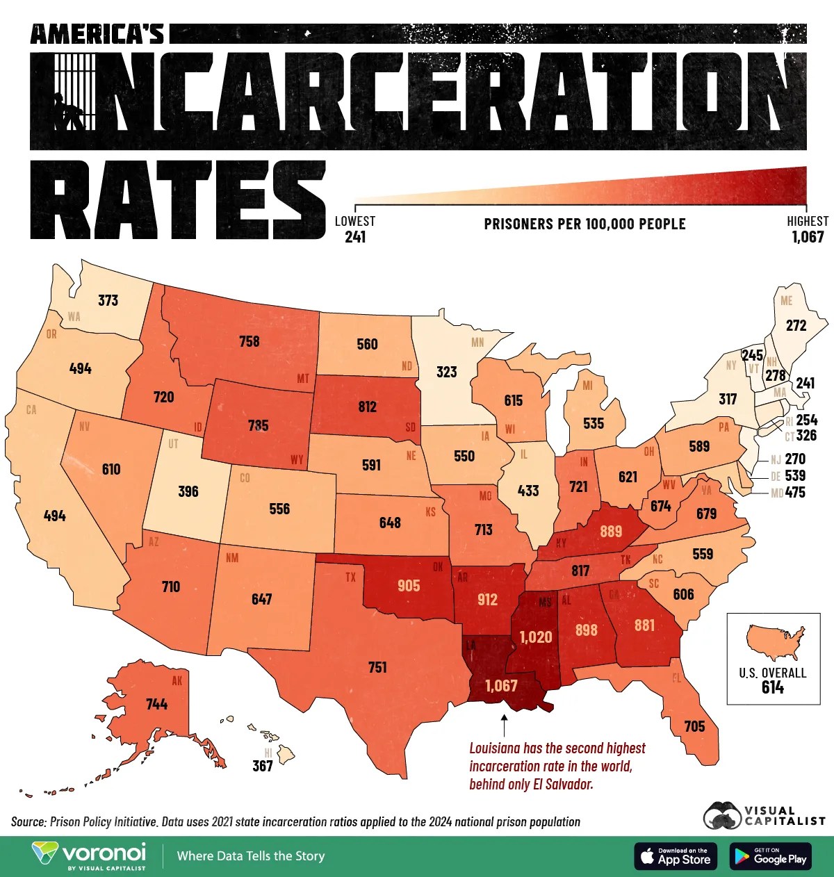 Map showing incarceration rates by U.S. state.