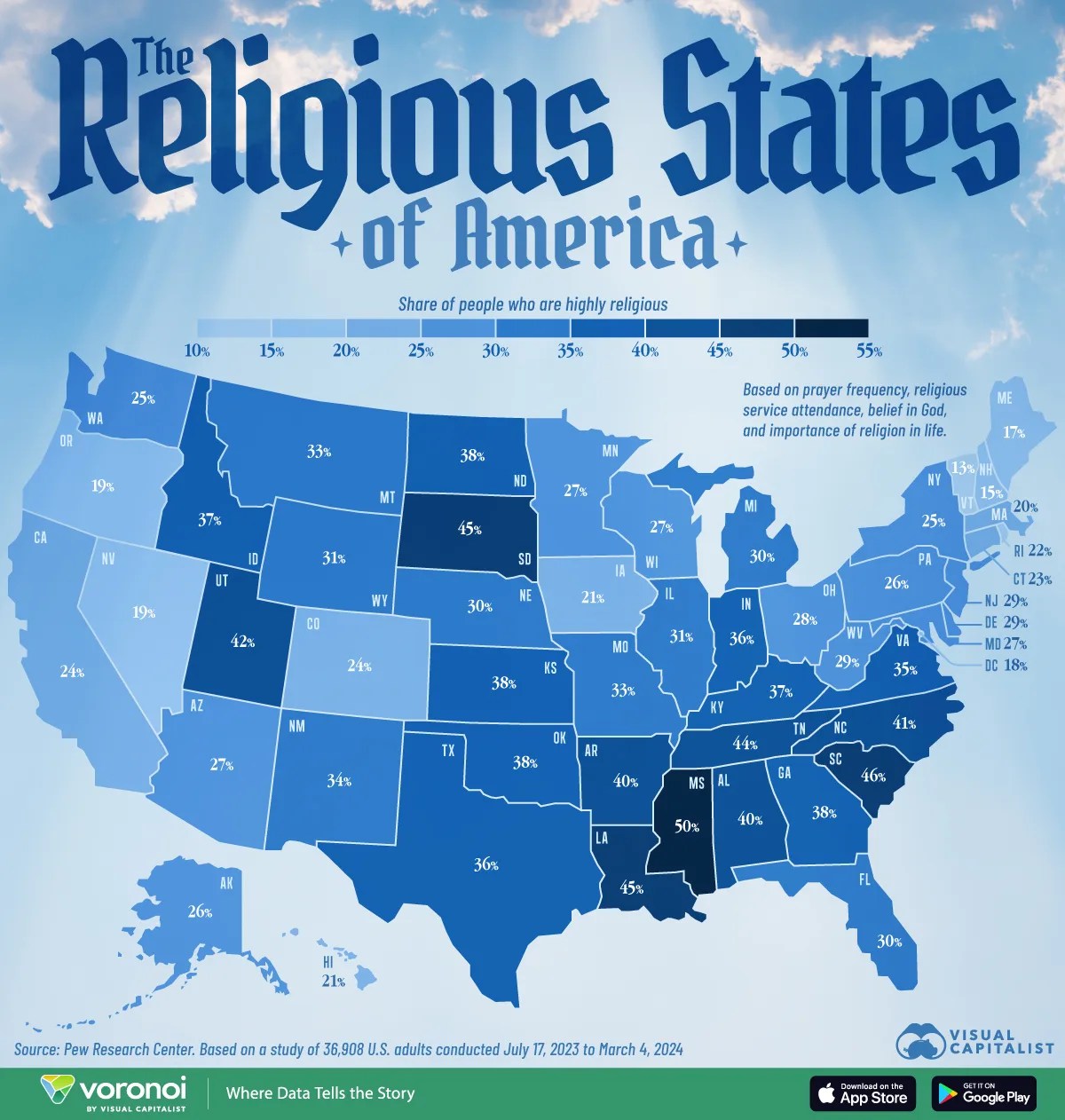 Map of the most religious states in the U.S.
