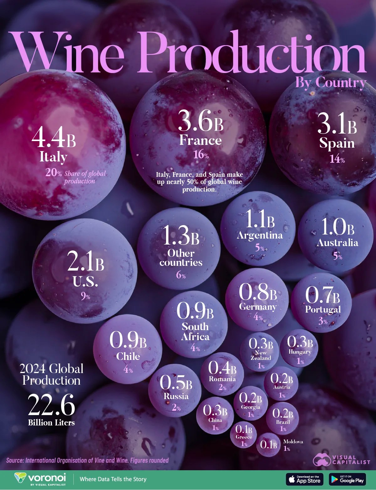 This infographic shows the world's largest wine producers by country, which collectively produce over 22 billion liters of wine annually.