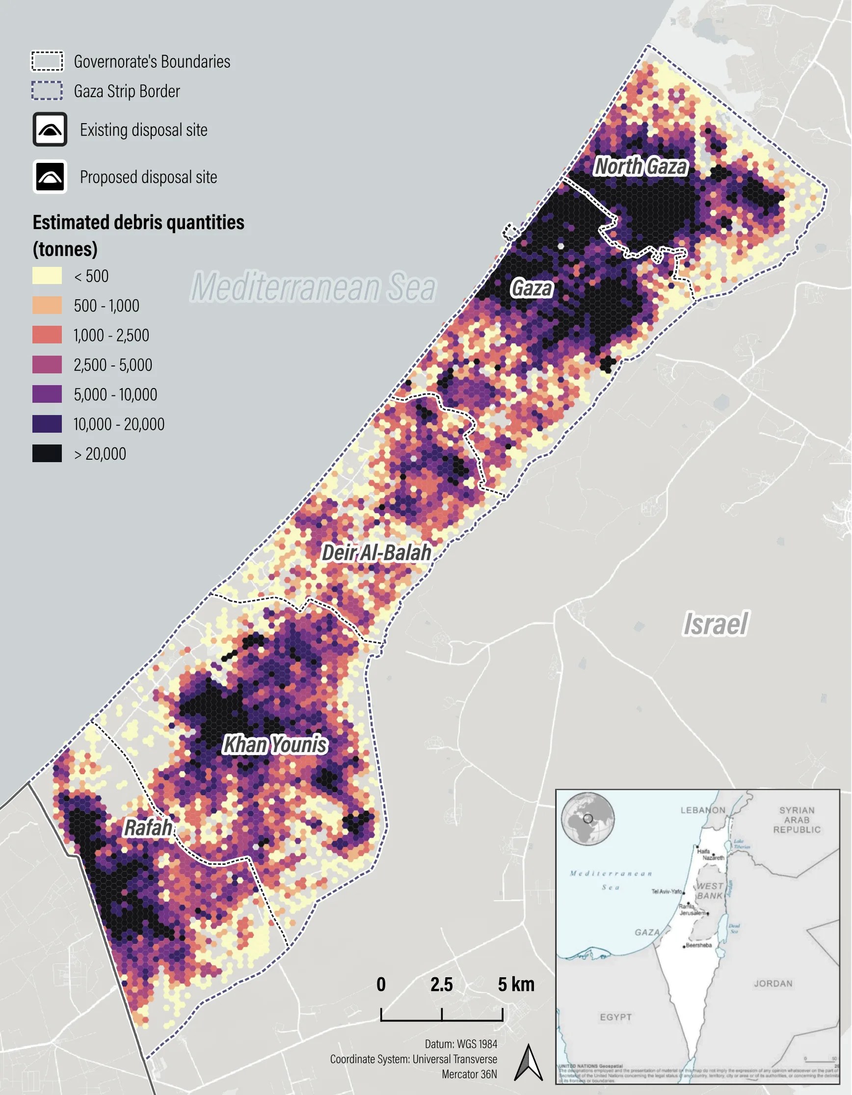 A heat map showing building damage in the Gaza Strip, as of Oct 2025