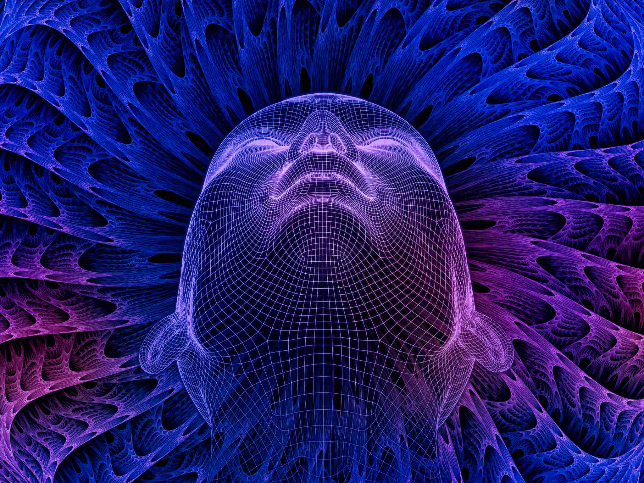 Radiating Mind series. 3D rendering design of wire-mesh model of human head and fractal pattern on the subject of human mind, artificial intelligence and virtual reality