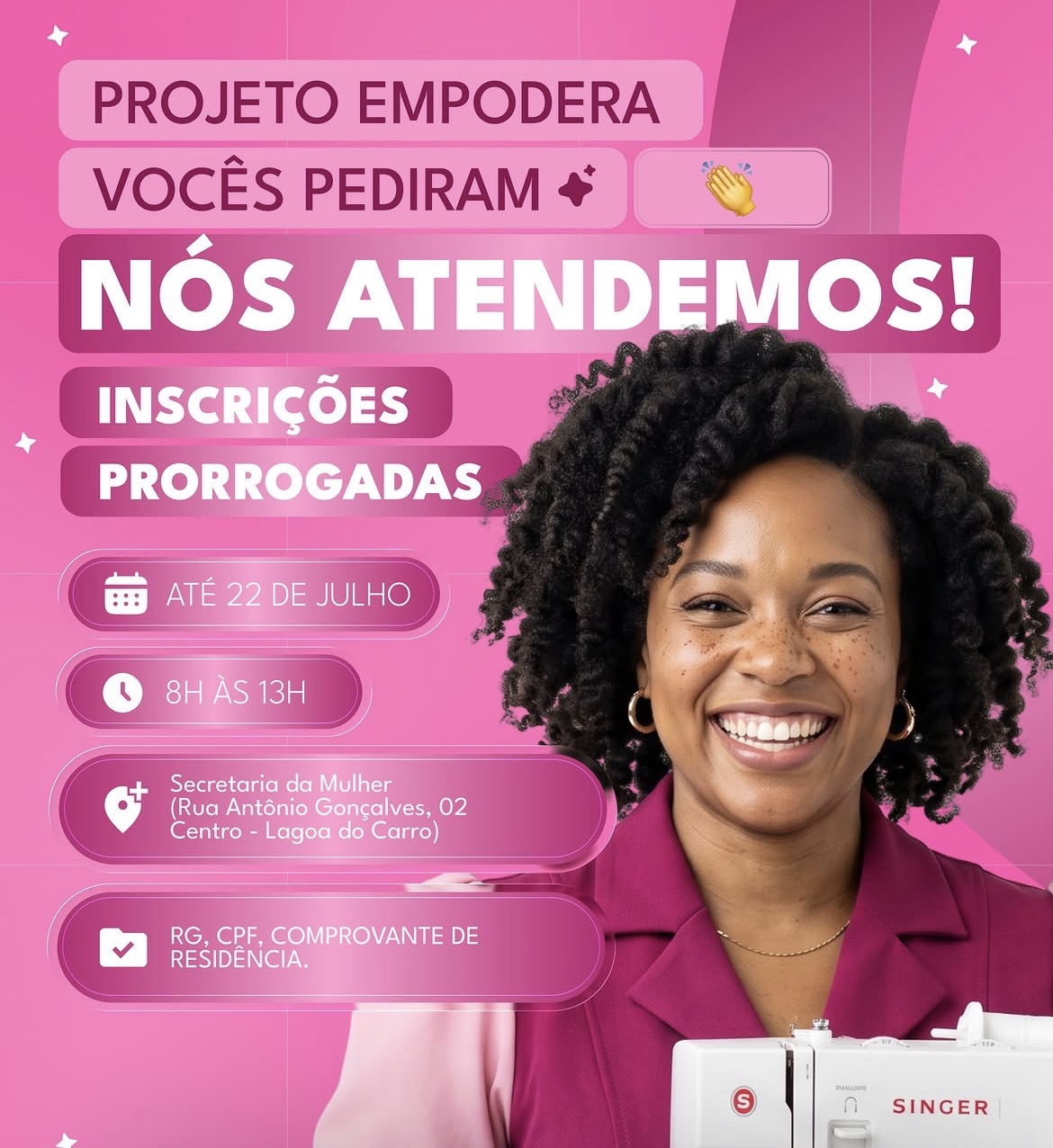 Prefeitura de Lagoa do Carro prorroga inscrições para o Projeto Empodera até esta quarta-feira (22)