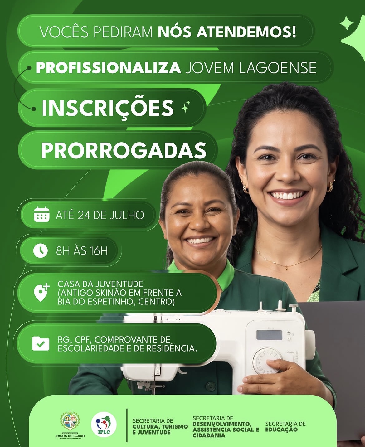 Prefeitura de Lagoa do Carro prorroga inscrições para o Programa Profissionaliza Jovem Lagoense até a próxima sexta feira (24)