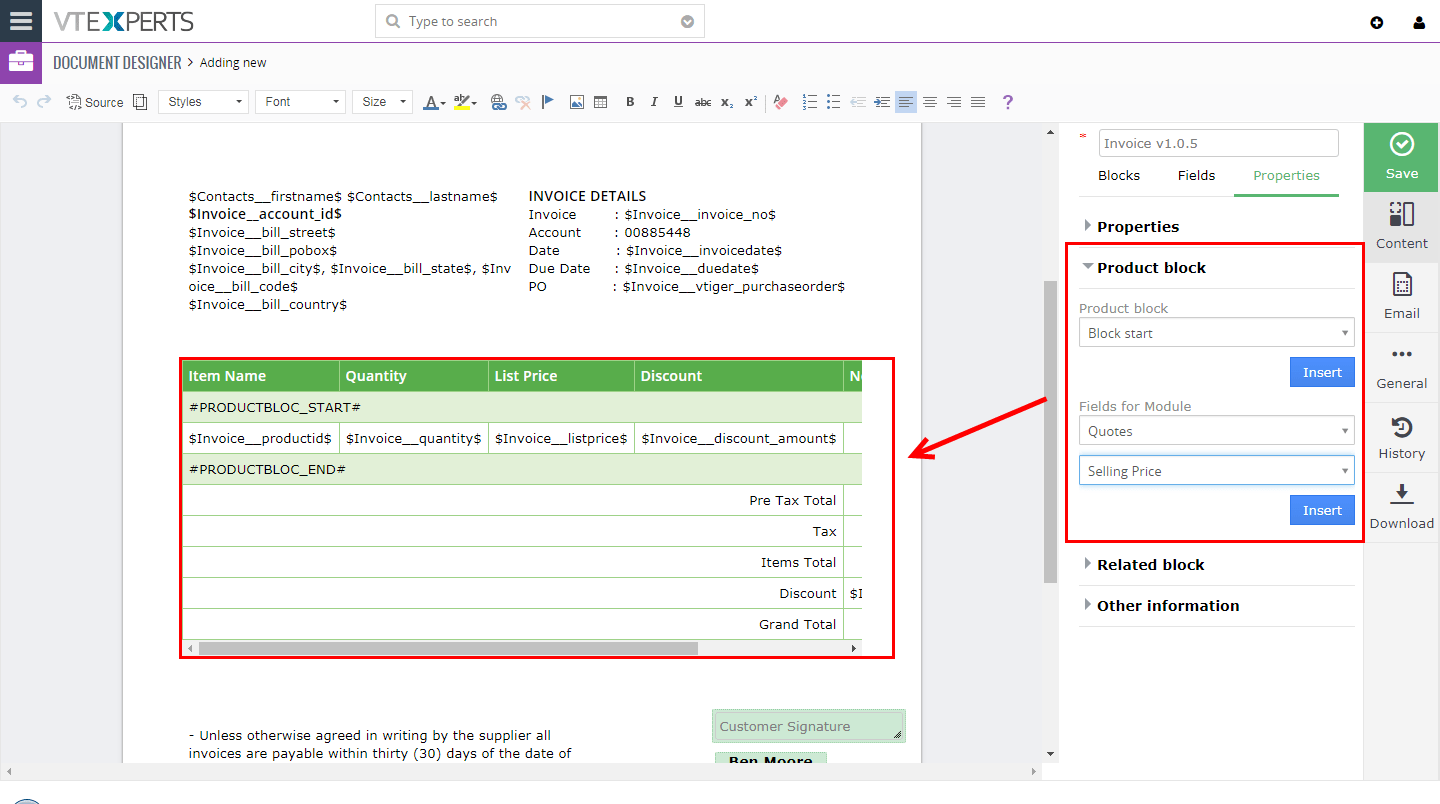 Diseñador de documentos VTiger y creador de PDF - Guide25