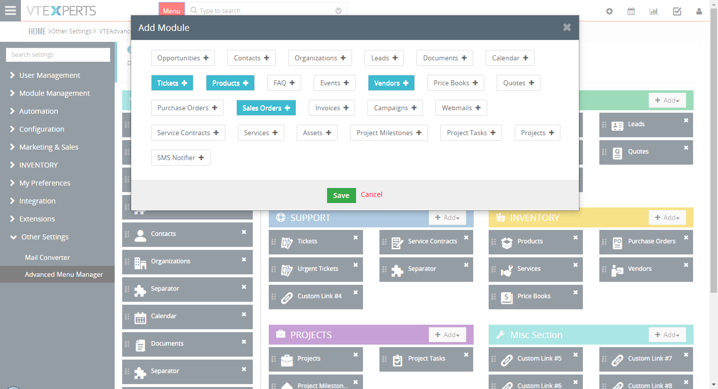Administrador de menús de VTiger 7 - Configuración - Agregar módulo