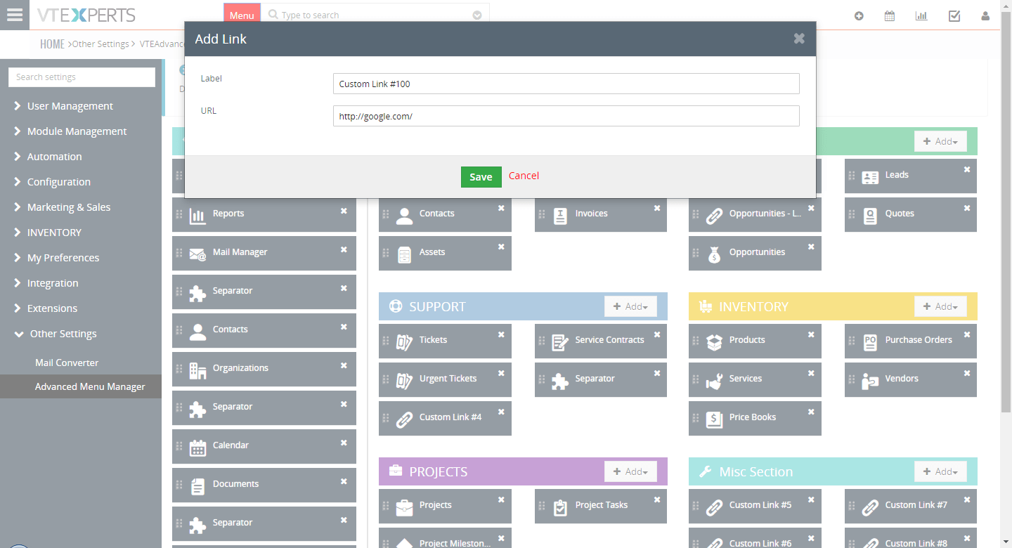 Administrador de menús de VTiger 7 - Configuración - Agregar enlace personalizado