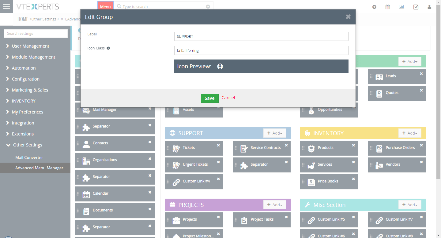 VTiger 7 Menu Manager - Configuración - Edición de encabezado