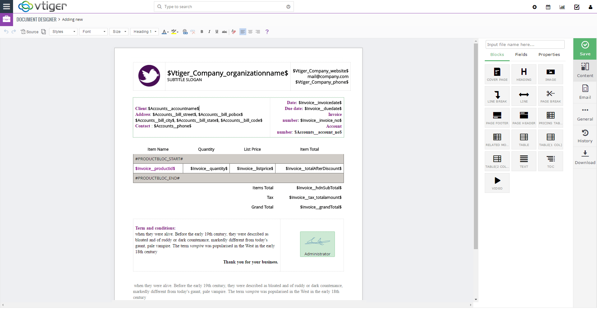 Diseñador de documentos VTiger - plantilla1