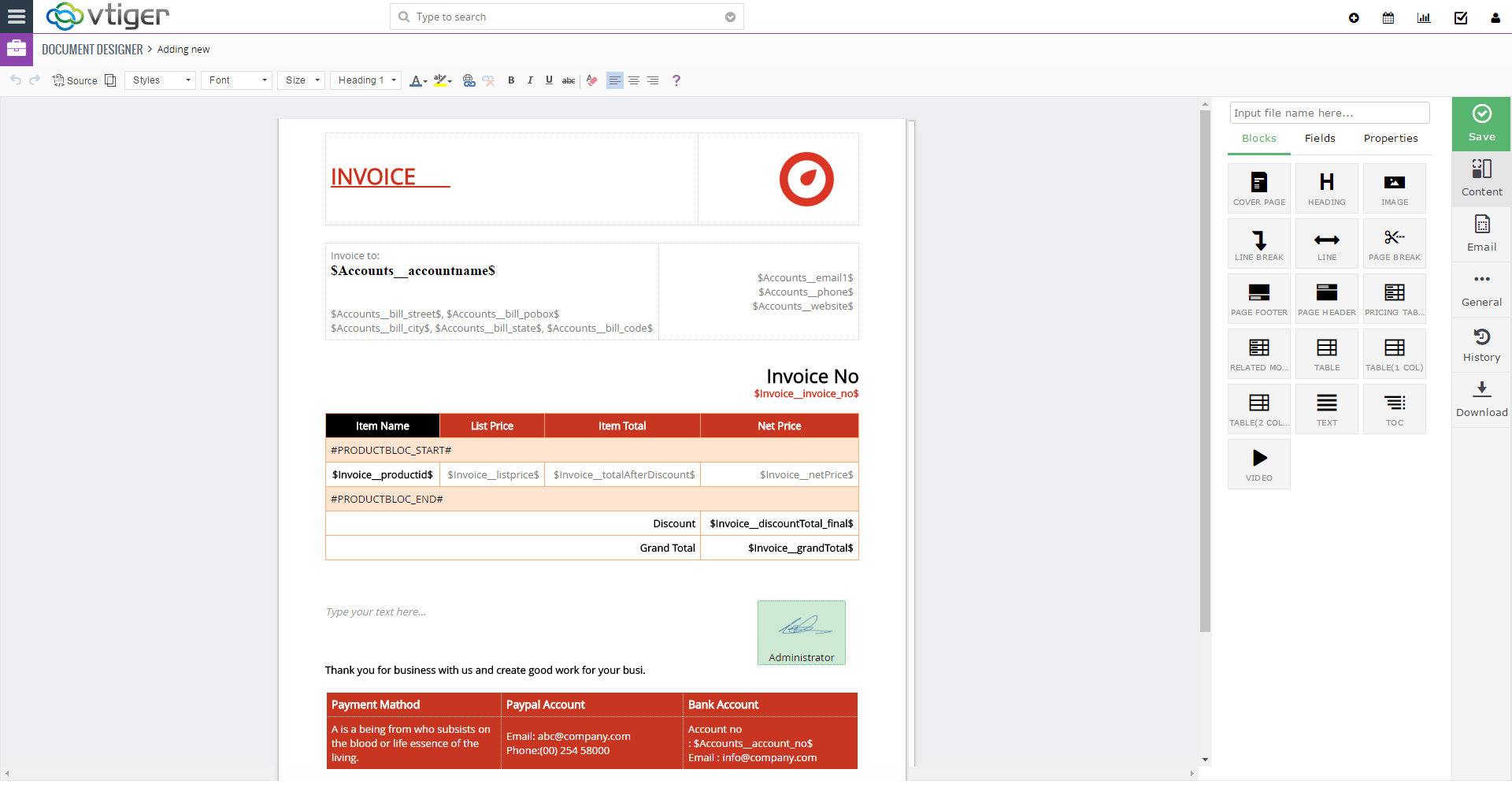 Diseñador de documentos VTiger - template2