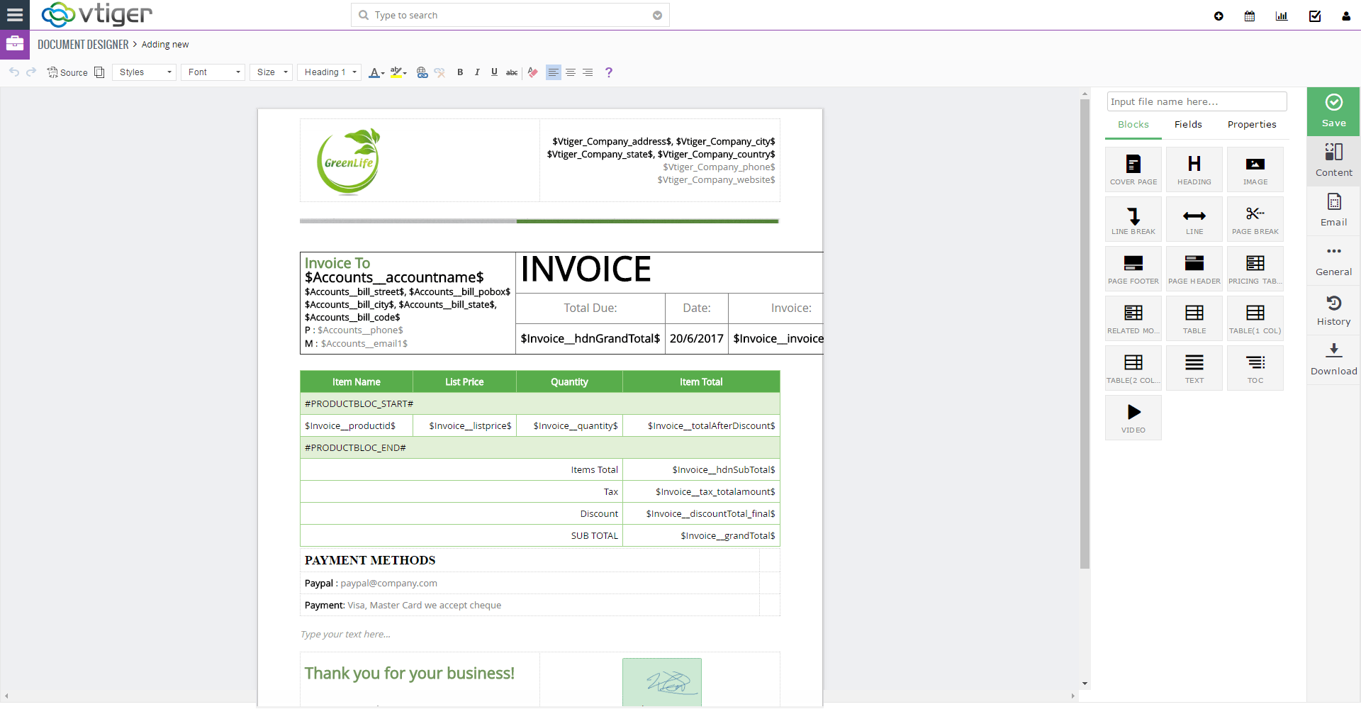 Diseñador de documentos VTiger - template3