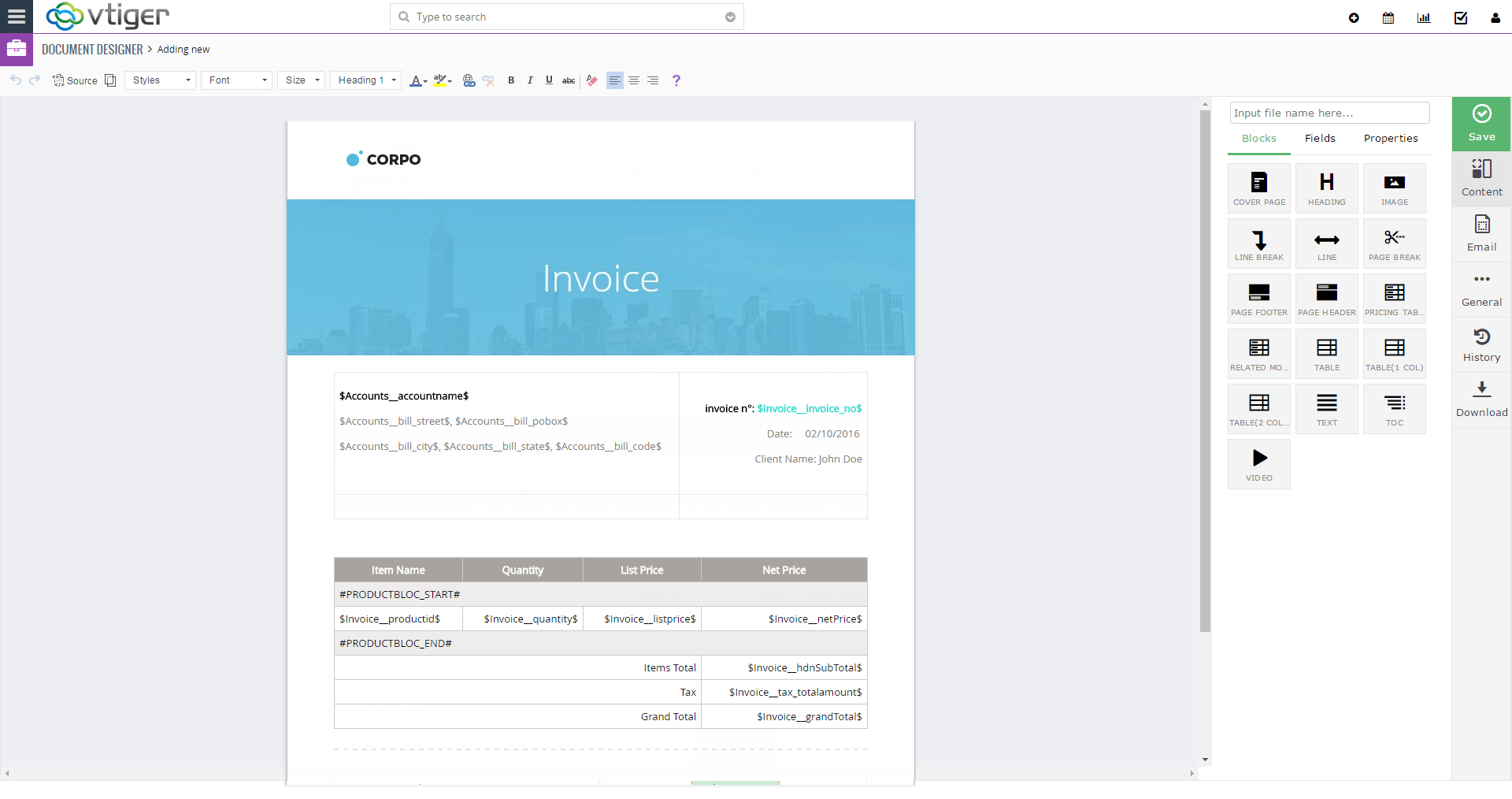 Diseñador de documentos VTiger - template5