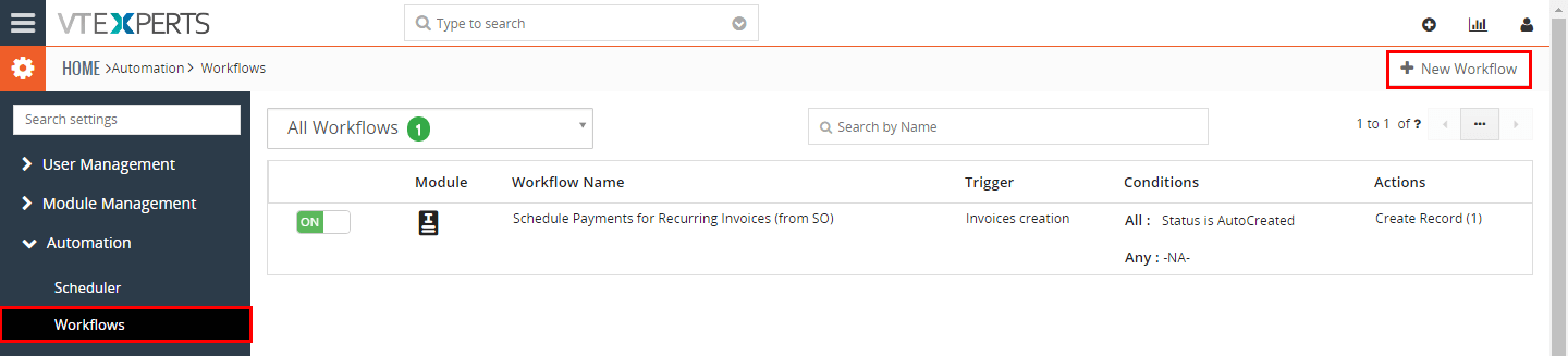 Integración VTiger Authorize.Net - flujo de trabajo programado