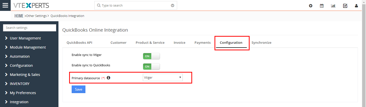 Integración en línea de QuickBooks para VTiger 7: fuente de datos principal
