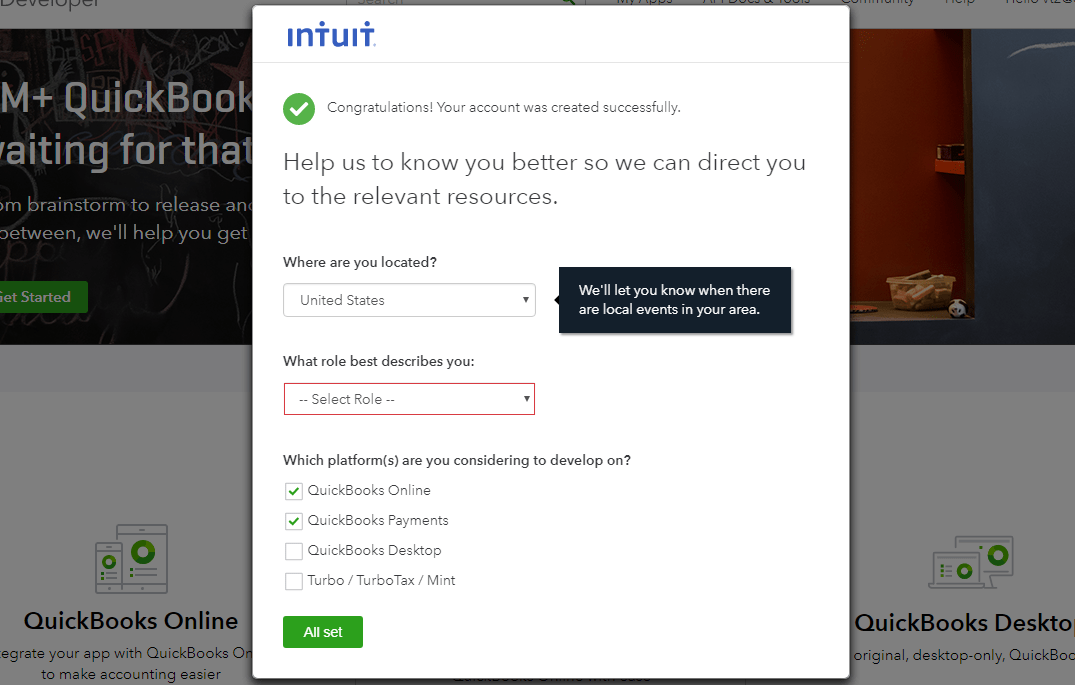Configuración de la API de Quickbooks - Vtiger - aceptar términos 2