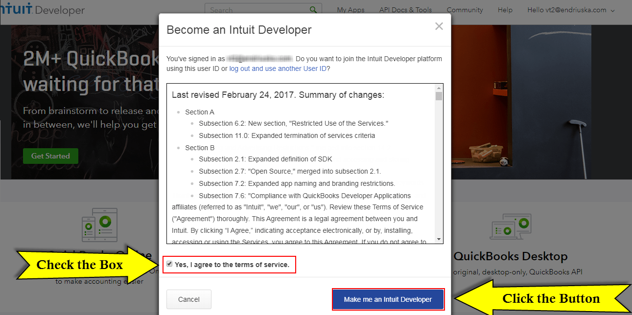 Configuración de la API de Quickbooks - Vtiger - aceptar términos