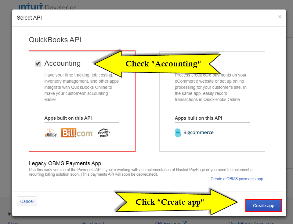 Configuración de la API de Quickbooks - Vtiger - crear aplicación