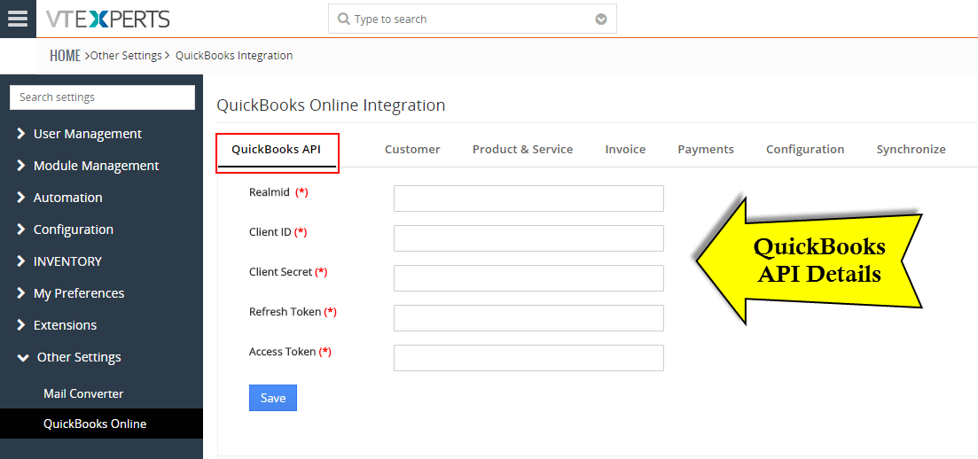 Configuración de la API de Quickbooks - Vtiger