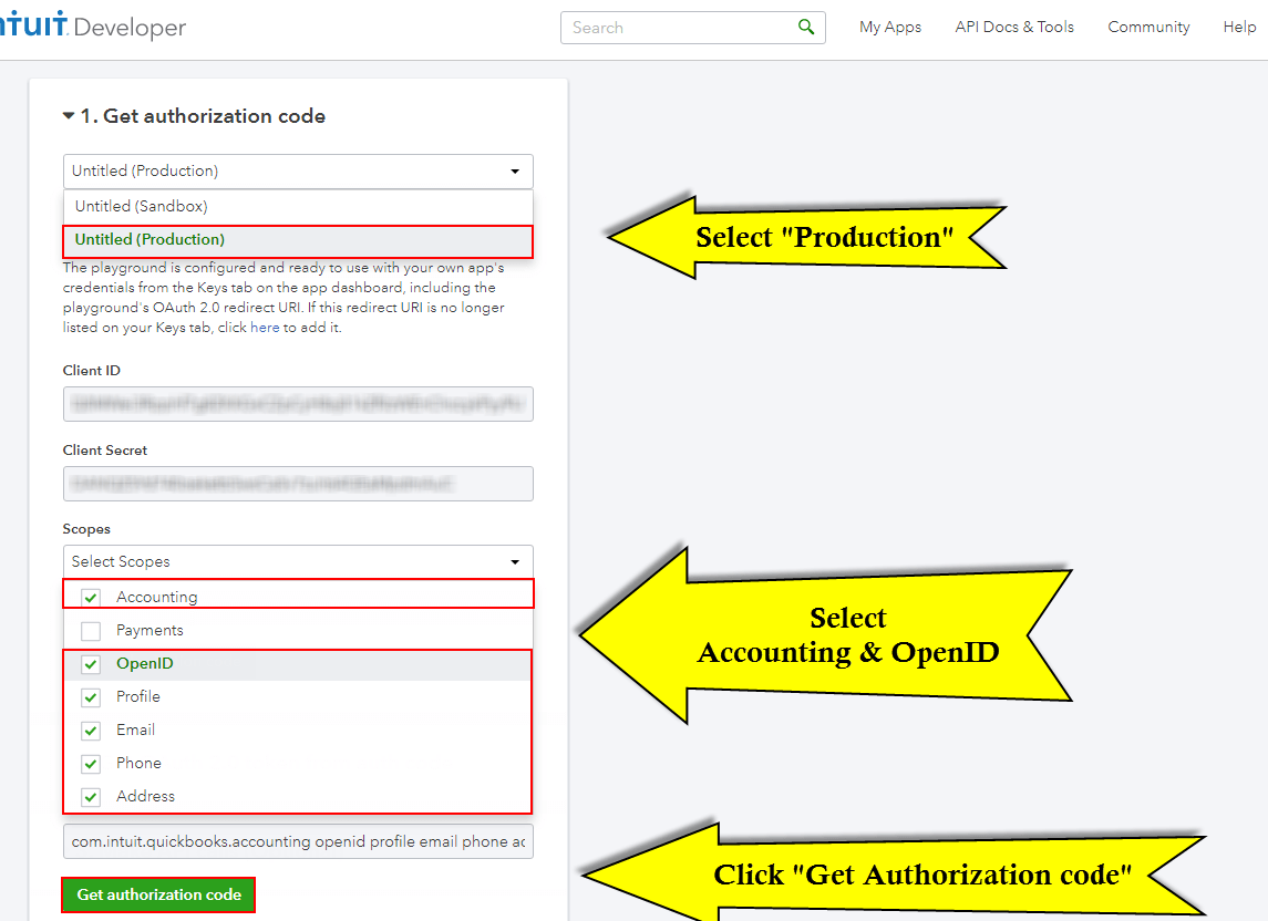 Configuración de la API de Quickbooks: código de autenticación