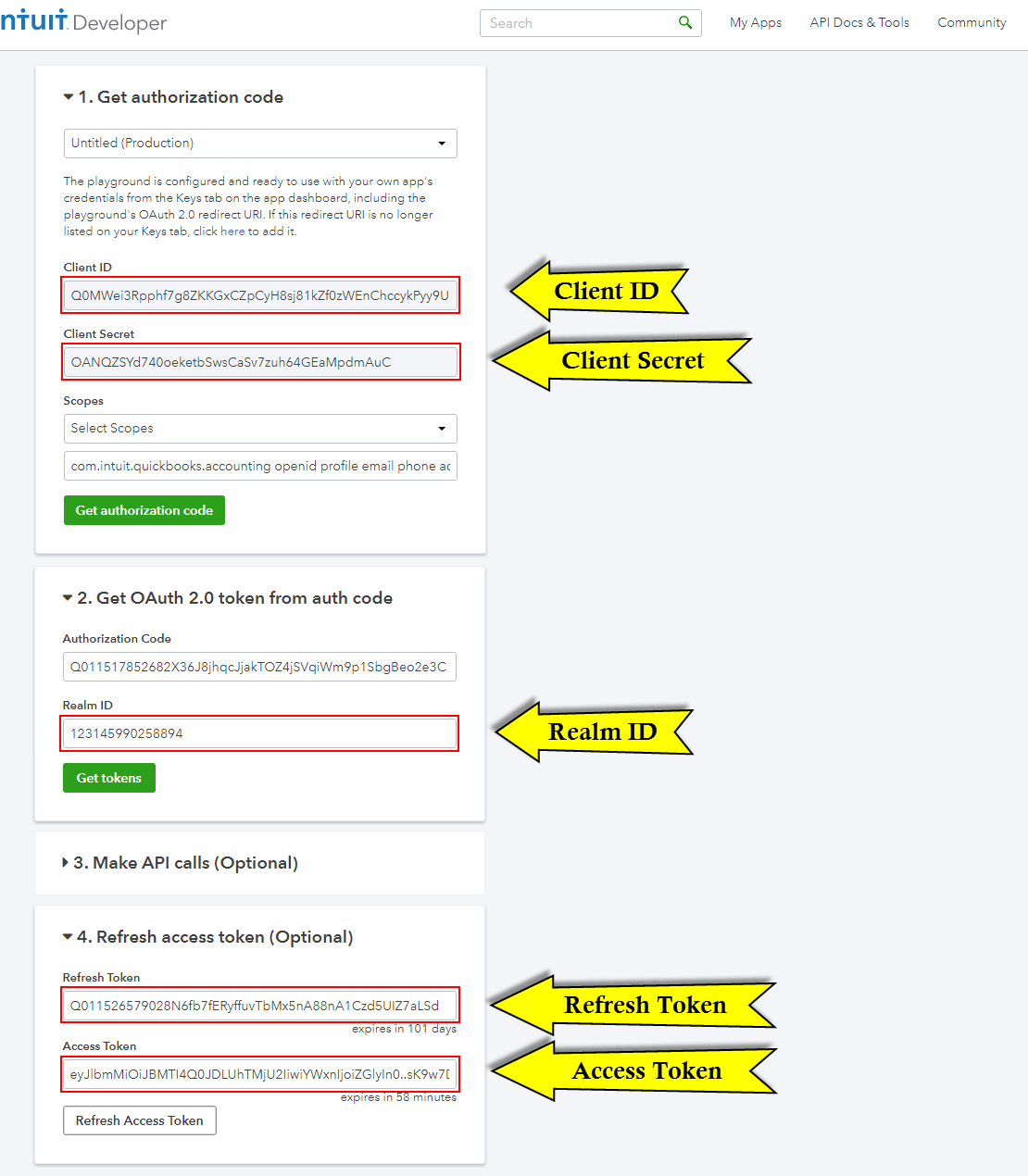 Configuración de API de Quickbooks: apis finales