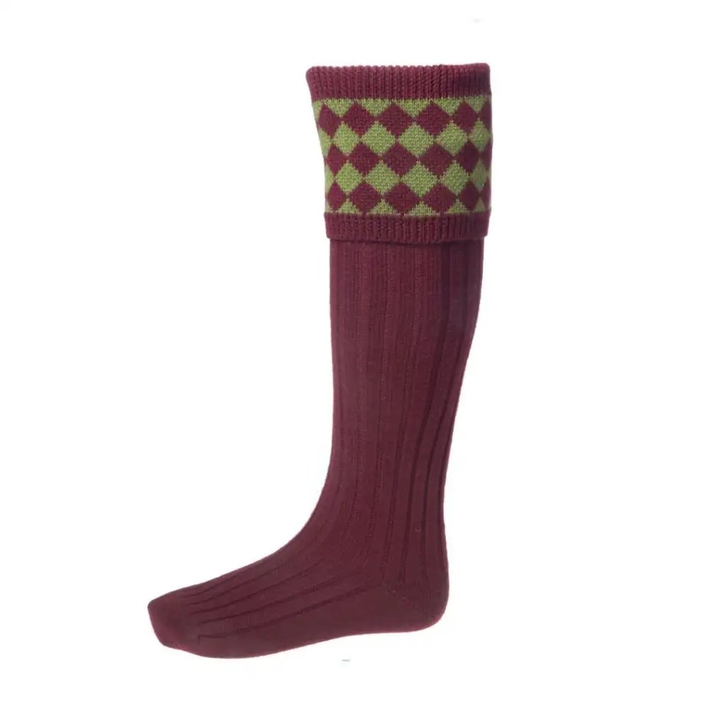 Cheviot Chessboard Shooting Sock Burgundy/Bracken