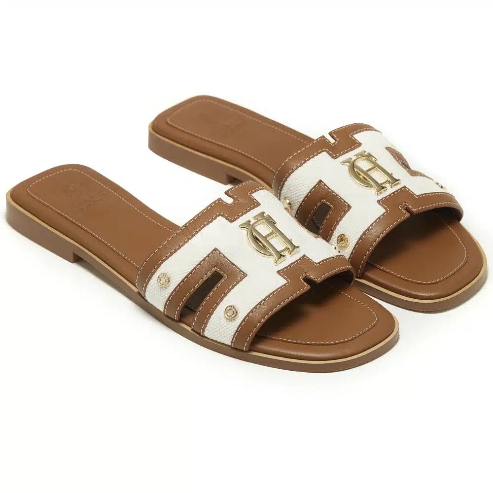 Holland Cooper Ladies Monogram Slides Tan Canvas