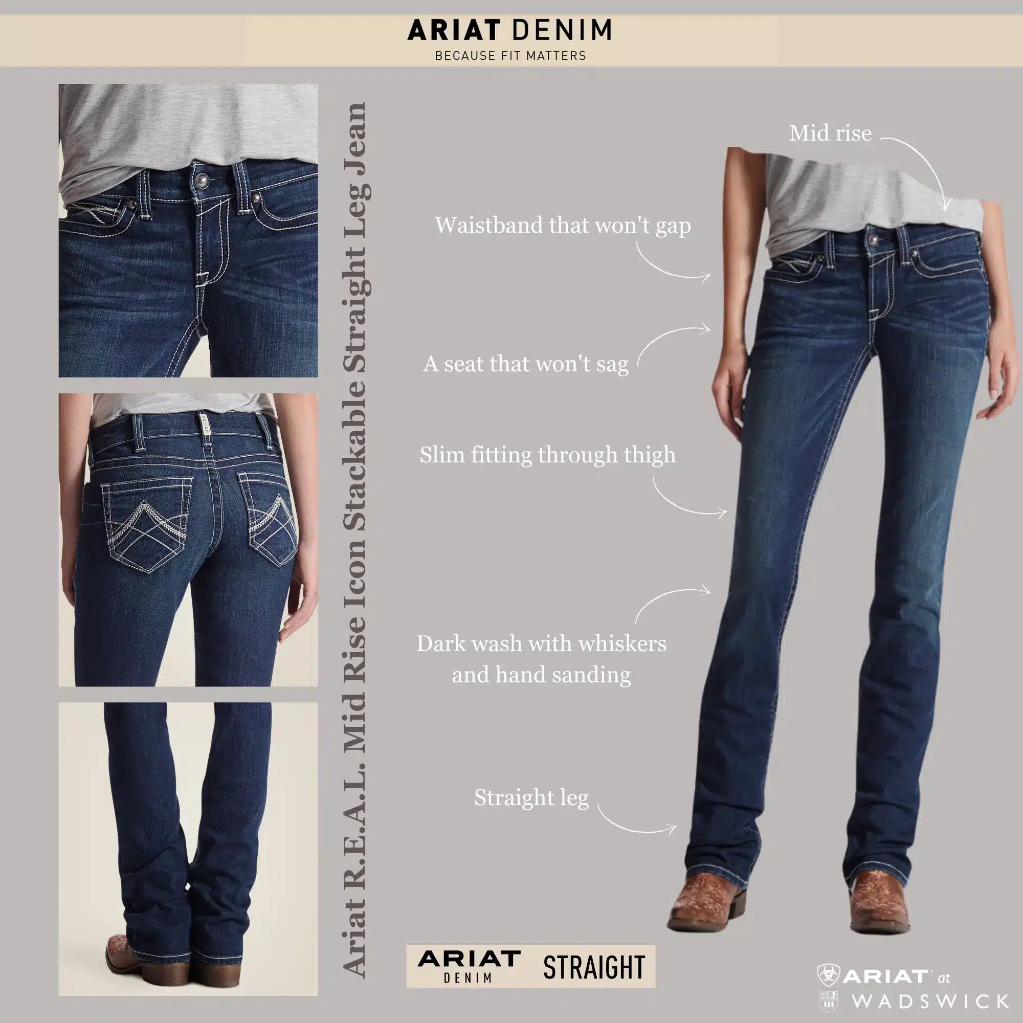 Ariat Denim. Women's Ariat R.E.A.L Mid Rise Icon Stackable Straight Leg Jean pictured.