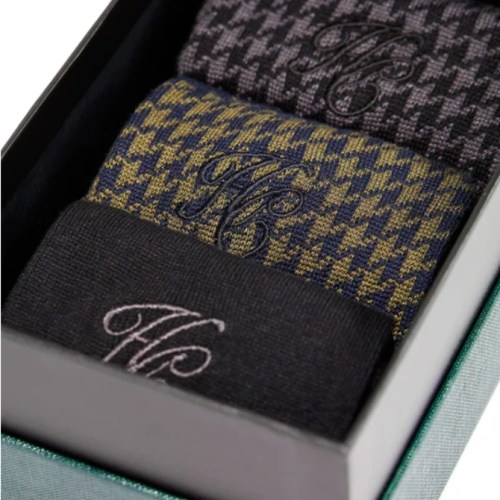 Holland Cooper Mens Sock Gift Box Charcoal Houndstooth