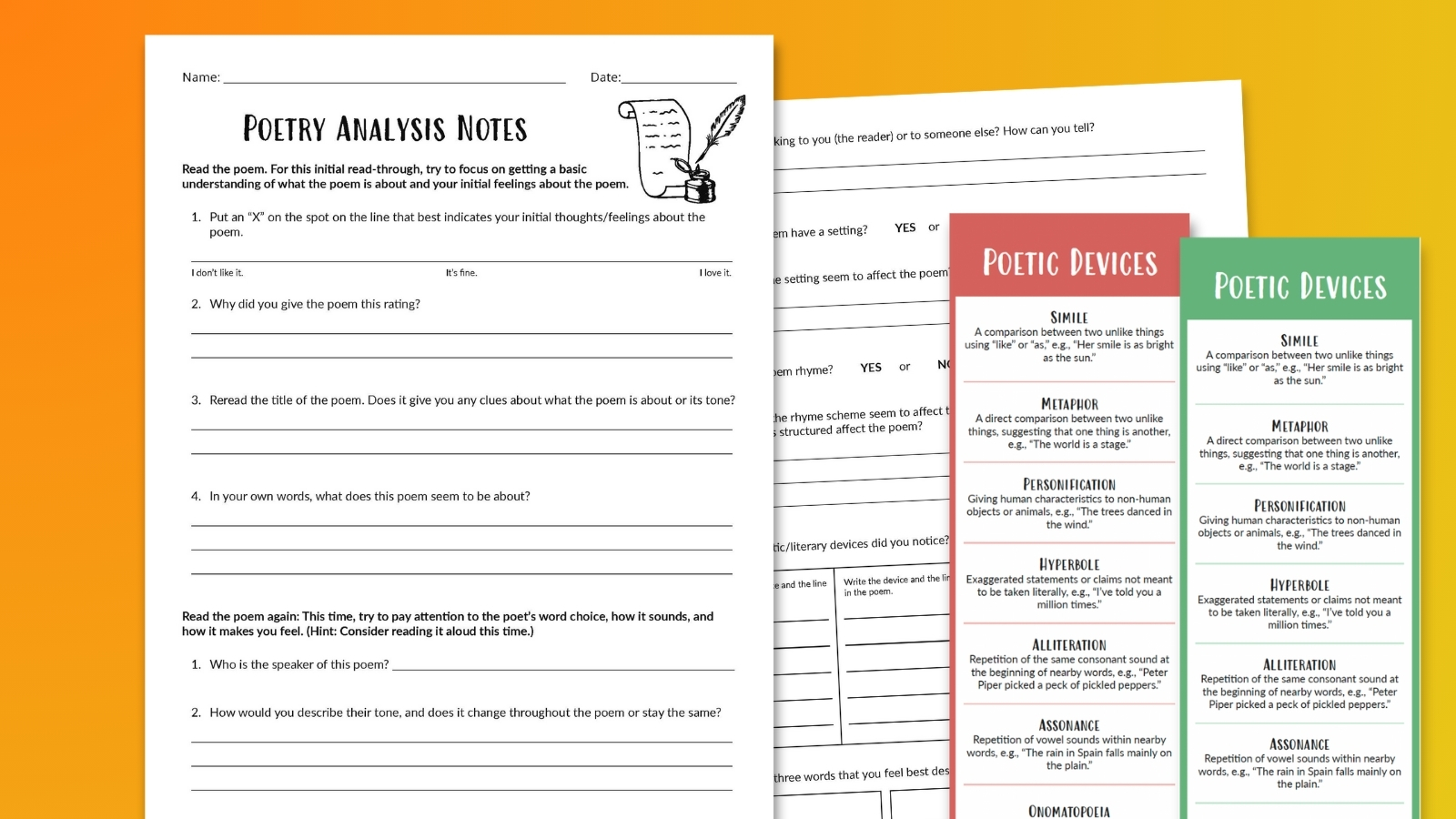 Poetry analysis worksheet and bookmarks (free printables)