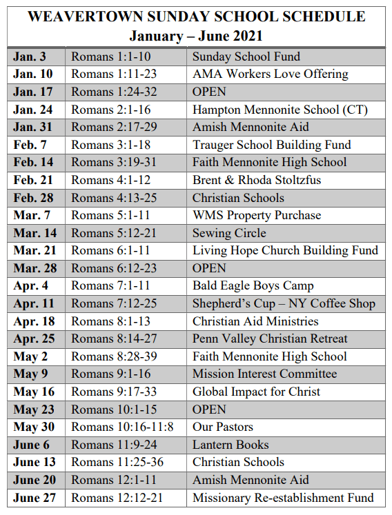 Sunday School Schedule 2021 Weavertown Amish Mennonite Church