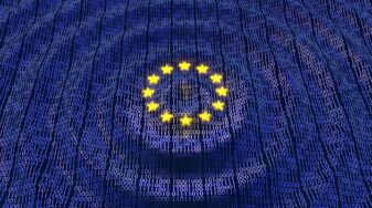 European Union Data Protection bits and bytes in ripple waving pattern with glowing EU stars