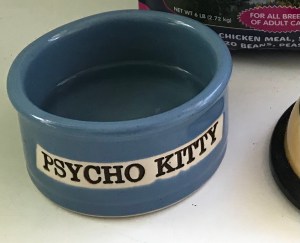 Cat water bowl that reads "Psycho Kitty."