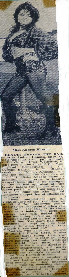 Crown barmaid Andrea Hanson enters Miss England 1971