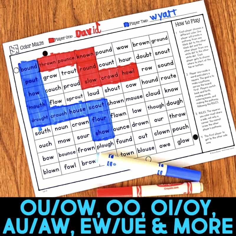 phonics partner games for long vowel digraphs ou ow oo oi oy au aw and more