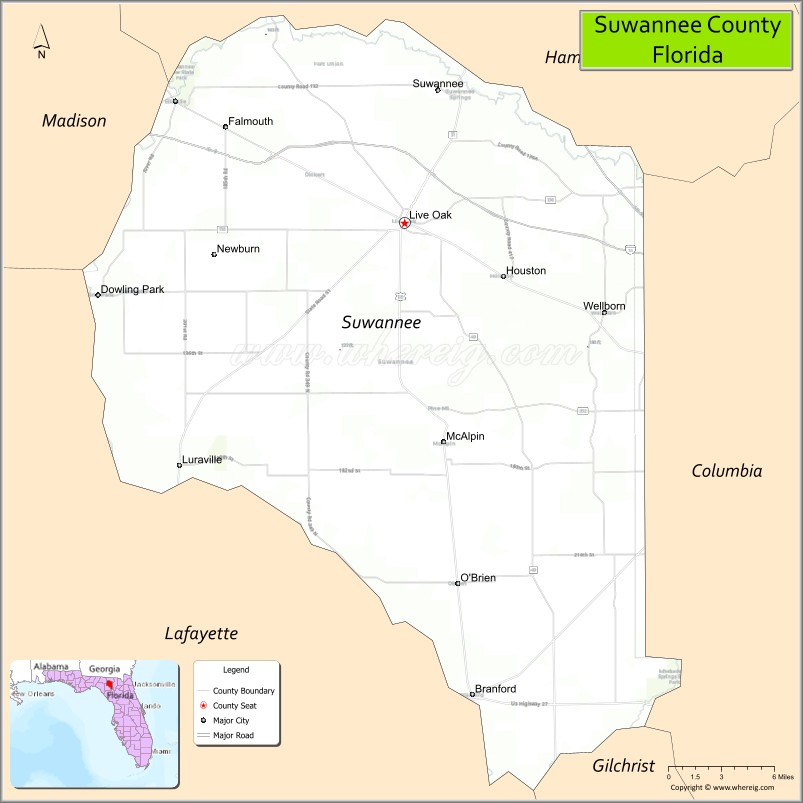 Suwannee County Map Florida USA Check Major Cities Towns County Suwannee County Map Fl 