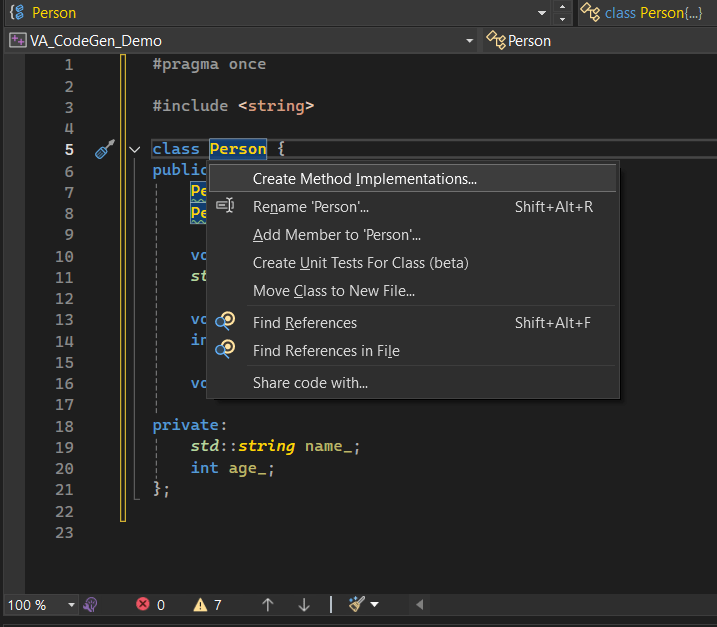 Visual Assist Quick Action Menu showing method implementation options for a C++ class - Tomato Soup Visual Assist Quick Action Menu showing method implementation options for a C++ class