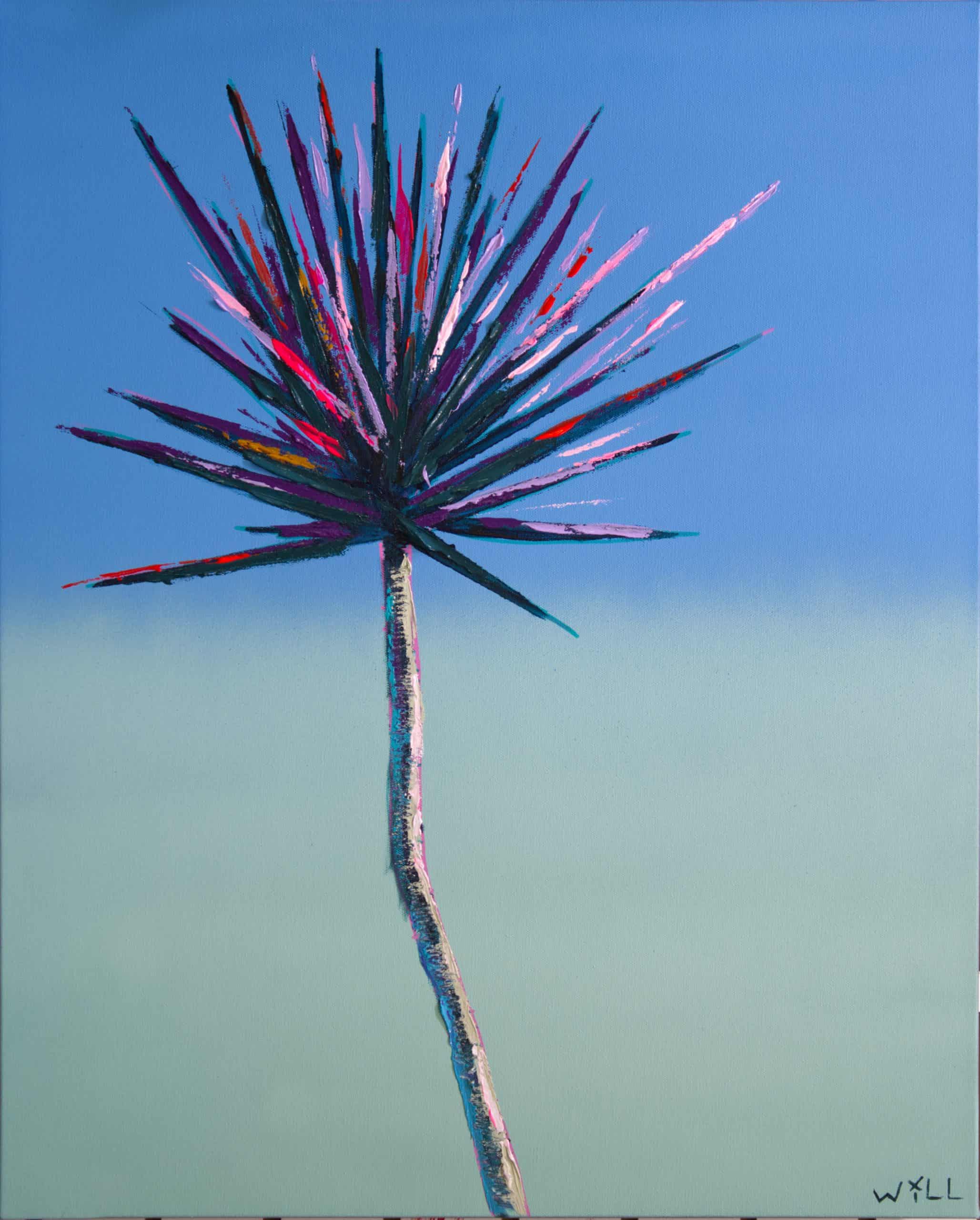 Expressive and bold color original painting of hot pink and purple yucca plant with blue and green background. Artist is Will Eskridge