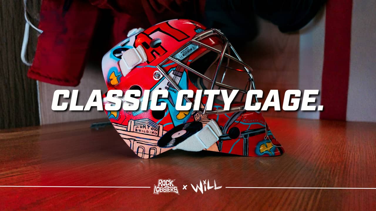 Athens Rock Lobsters and Will custom goalie helmet classic city cage